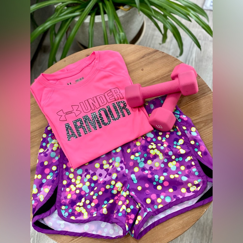 Under Armour Neon Pink Top and Justice Polka Dot Purple Shorts